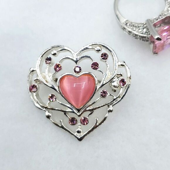 Vintage Sterling Silver Pink Sapphire CZ Princess Cut With Heart Pendant Sz 6 - Picture 15 of 17